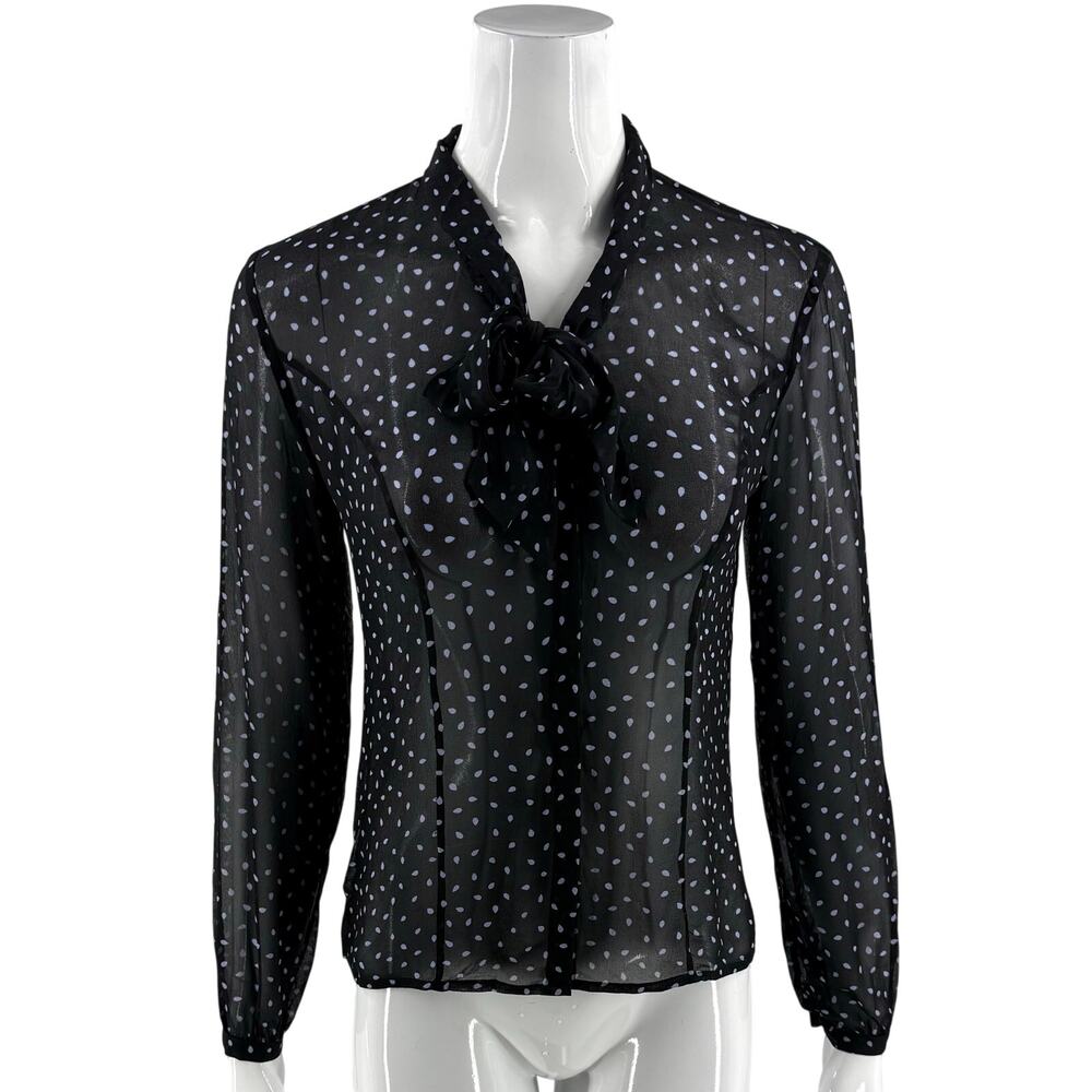 Ann Taylor Loft Womens Silk Top Size 2 Black Blue Printed Bow Neck Button Up